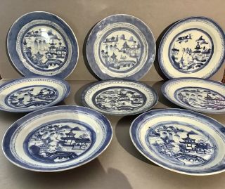 Early Set of 8 Blue and White Chinese Export Canton plates 2