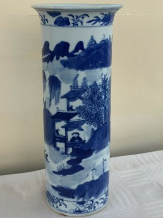 19th Century Chinese Porcelain Blue & White River Landscape Cylindrical Kangxi V