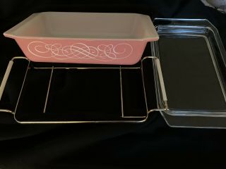 Vintage Pyrex Pink Scroll 2qt Space Saver Casserole Dish 575 - B w/ Lid & Carrier 2