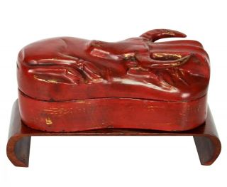 Antique Chinese Red Lacquer Box In The Form Of Recumbent Ox