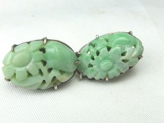 Vintage Chinese Carved Apple Jade Jadeite Silver Clip On Earrings