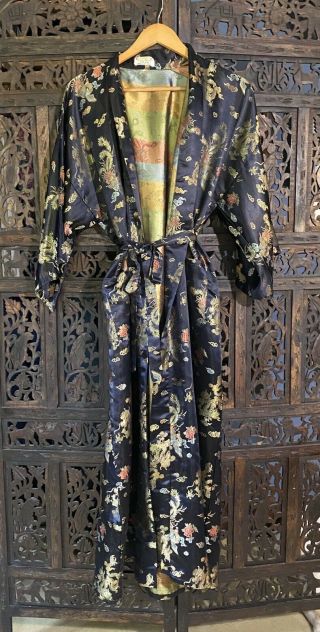 Vintage Black Silk Chinese Kimono Robe Embroidered - Dragons Siz Xl