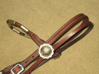 Vintage Tex Tan Rolled Poco Western Headstall Bridle W/sterling Rosettes Conchos