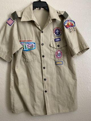 Official Bsa Boy Scouts Of America Eagle Scout Tan Shirt W Patches Youth Xl