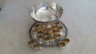 Vintage F B Rogers Silverplate Punch Bowl,  Ladle,  Tray & 20 Cups