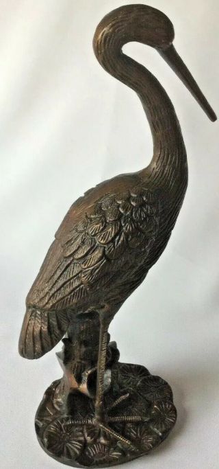 Fine Antique Late Meiji Solid Bronze Crane 11.  25” H Statue Japan