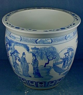 Large Vintage Chinese Blue & White Porcelain ‘figural’ Jardiniere / Cachepot
