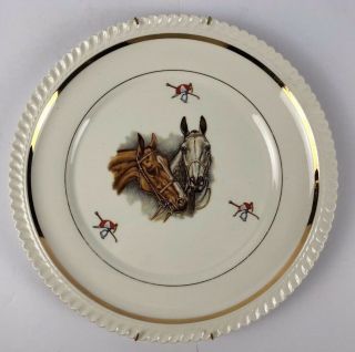 Decorative White Plate With Two Horse Heads Gold Trim And Jockey Hat And Whip