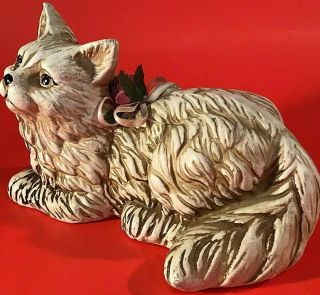 Youngs Inc Persian Cat Figurine Vintage 8 1/2 " W Red Rose Pink Ribbon Faux Pearls