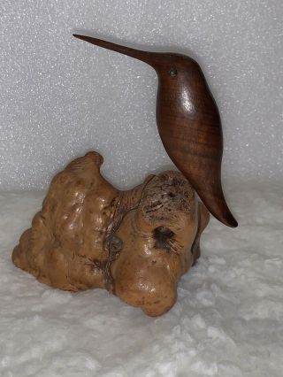 Vintage Small Wood Hand Carved Sandpiper On Driftwood.