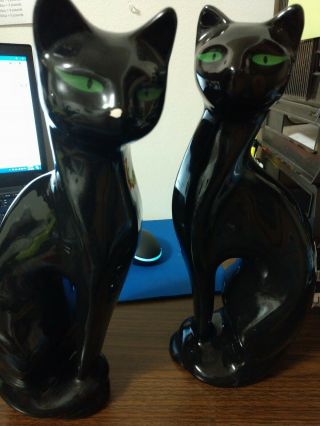 Vintage Pair Artmark Black Siamese Cat Green Eyes Ceramic Figures Mid Century 8”