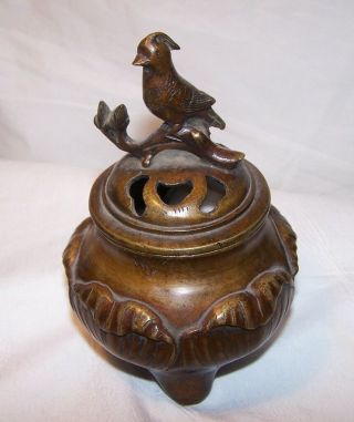Antique Chinese Bronze Censer Incense Tripod Bird On Branch Top