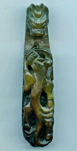 Chinese Well Carved Large Green Jade Dragon Belt Robe Hook 19c 4 " Long