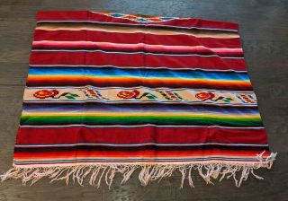 Vintage Mexican Saltillo Serape Striped Blanket Fringe Ombre Fine Wool 64 X 92