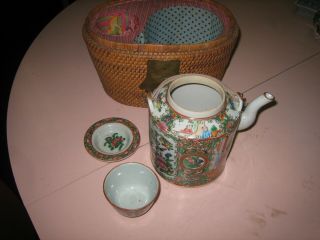 Antique Chinese Famille Rose Medallion Porcelain Tea Pot Cup Set W/ Woven Basket