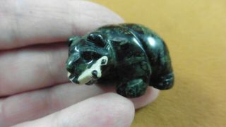 (y - Bea - Bf - 591) Green Black Bear With Fish Gemstone Carving Figurine I Love Bears