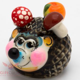 Russian Gzhel Porcelain Hedgehog With Mushrooms & Apple Figurine Handmade