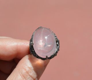 1930 ' s Chinese Solid Silver Rose Quartz Carved Cabochon Adjustable Ring 2