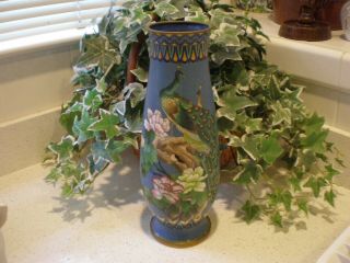 Vintage Chinese Cloisonne Vase With Peacocks & Flowers 12 1/4 "