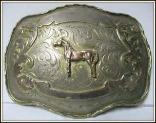 Huge 5 3/4 ",  Vintage Standing Horse Trophy Hand Made & Engvd Cowboy Belt Buckle
