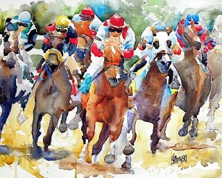 Horse Racing Art Print Signed By Artist Ron Krajewski Painting 8x10