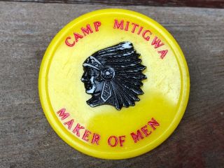 Vtg Bsa Boy Scouts Of America Camp Mitigwa Neckerchief Slide Plastic Yellow