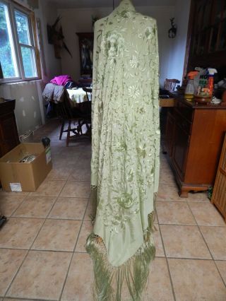 Chinese Pale Green Silk Embroidered Piano Shawl