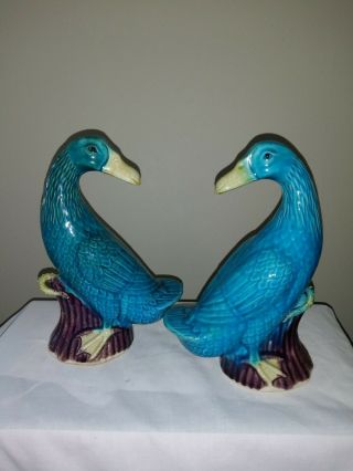 Vintage Pair Chinese Majolica Turquoise Blue Handpainted Goose Duck Figurine