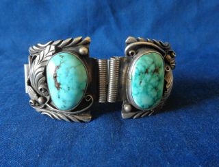 Vtg Native American R.  Williams Silver & Turquoise Wristwatch Band Tips Navajo