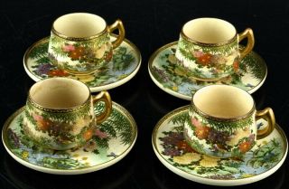 Set Of 4 Fine Quality Japanese Meiji Satsuma Pottery Gilt Enamel Teacups Saucers