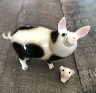 Vintage Hagen Renaker Miniature Pig Black White Papa & Piglet Ceramic Figurine
