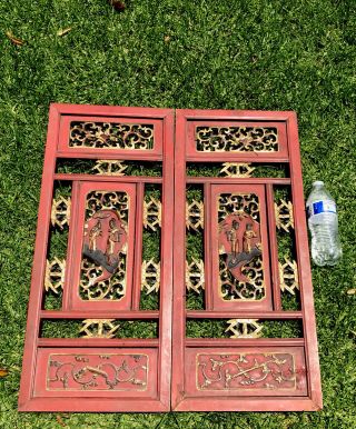 2 Carved Wood Architectural Panel Figures Asian Antique Chinese Polychrome Paint