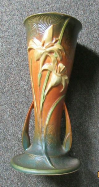 Vintage Roseville Zephyr Lily Handled 12 " Vase In Brown/green 139 - 12 "
