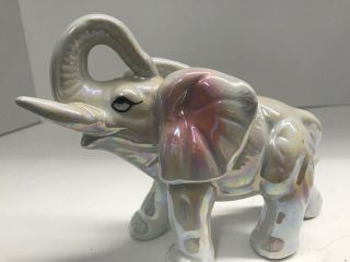 Vintage Ceramic Elephant Porcelain White Iridescent Figurine Trunk Up 7”x 5”