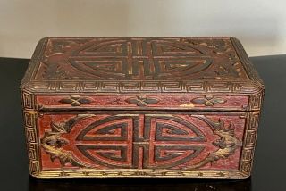 Antique Chinese Gilt Lacquered Carved Wood Shou And Bat Box And Cover