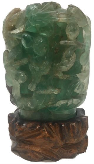 Old Chinese Carved Rock Jade Green Quartz Crystal Table Desk Lamp Oriental