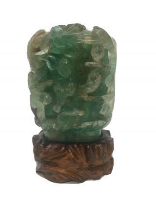 Old Chinese Carved Rock Jade Green Quartz Crystal Table Desk Lamp Oriental 2