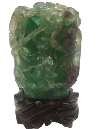 Old Chinese Carved Rock Jade Green Quartz Crystal Table Desk Lamp Oriental 3