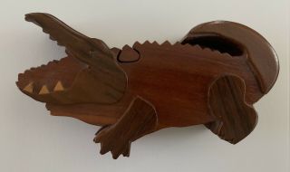 Vintage Wooden Crocodile Wood Jigsaw Puzzle Jewelry Box Alligator Folk Art