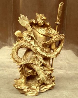 Chinese heroic Guan Gong Yu Bronze Warrior God Stand in Dragon Statue 2