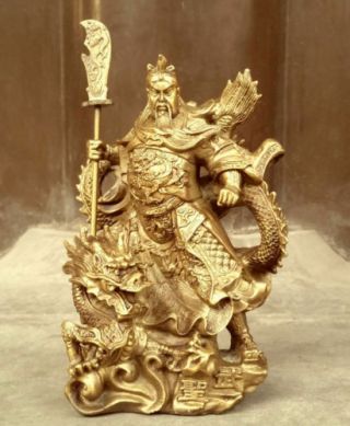 Chinese heroic Guan Gong Yu Bronze Warrior God Stand in Dragon Statue 3