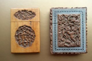 Antique Chinese Carved Card Case And Anglo - Indian Sandalwood Card Case