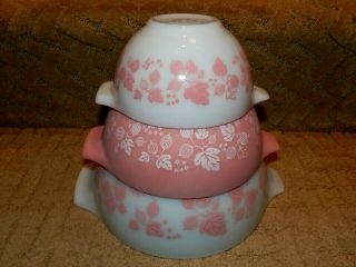 3 Vintage Pyrex Pink Gooseberry Cinderella Mixing Nesting Bowl Set 441 442 443