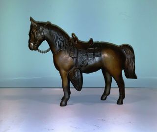 Vintage Cast Pot Metal Male Horse With Saddle Stirrups Chain Statue Figurine