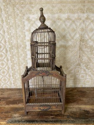 Antique Vintage Wooden Metal Hand Painted Wood Wire Victorian Dome Bird Cage