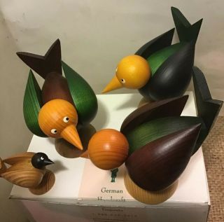4 Handarbeit 3 Wooden Birds & Baby Vintage Made In Germany Christmas Gifts 4”x4”
