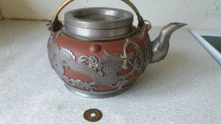 Lovely Antique Chinese Pewter & Clay Teapot - Maker - Signed Hor Chung - Weihaiwei