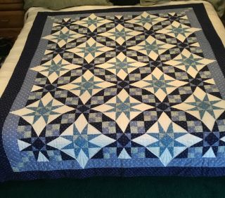 Vintage Handmade Patch Work Quilt 84” L X 66” W Blue And White Star Pattern