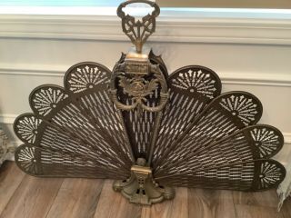 Vintage Ornate Brass Peacock Fireplace Fan Folding Screen