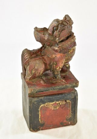 Antique Chinese Red Gilt Wood Carving Carved Statue Fu / Foo Dog,  Lion,  19th C